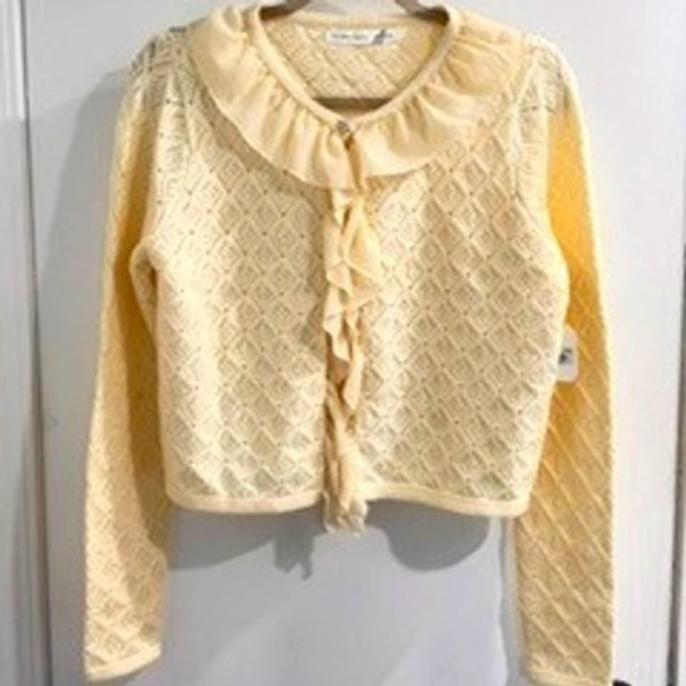 Altar'd State Lg Yellow Pointelle Ruffle Trim Cardigan Sweater Floral Button New